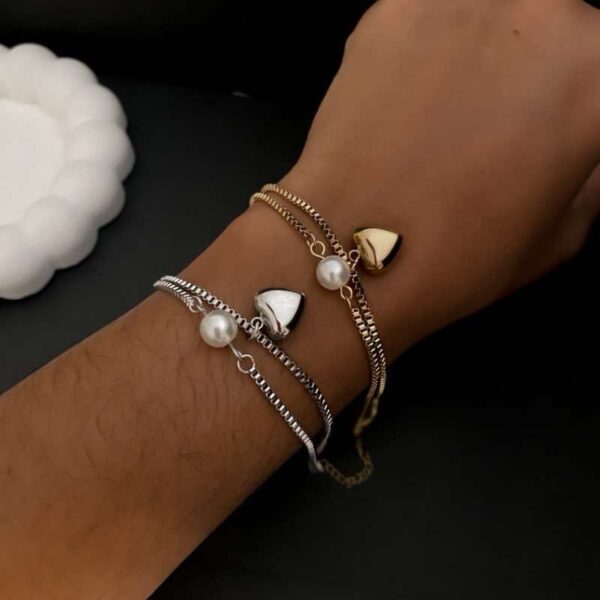 Pulseira dupla com pérola e Coração de aço inox