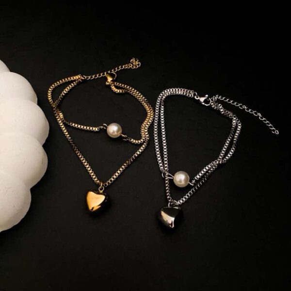 Pulseira dupla com pérola e Coração de aço inox - Image 2