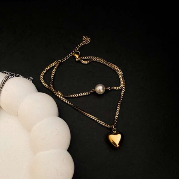 Pulseira dupla com pérola e Coração de aço inox - Image 3
