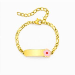 Pulseira Infantil Personalizável com Flor Rosa – Aço Inoxidável
