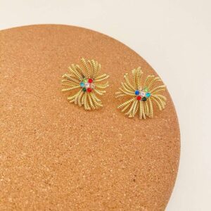 Brinco Flor Dourada com Pedrarias Coloridas em Aço Inoxidáve