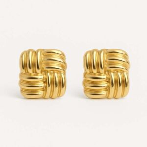 Brinco de Botão Quadrado Luxo Trançado em Aço Inoxidável