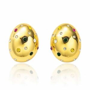 Brincos Dourados Oval com Pedras Coloridas – Aço Inoxidável
