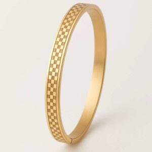 Pulseira Aço Inoxidável Dourada com Textura Xadrez