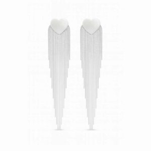 Brincos Longos Prateados com Coração e Franjas em Aço Inoxidável