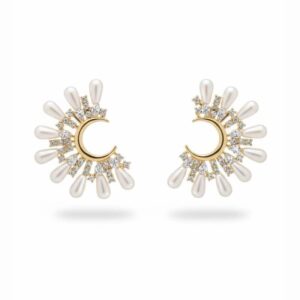 Brincos Dourados Meia-Lua com Pérolas e Zircônias