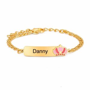 Pulseira Infantil Personalizada em Aço Inoxidável com Placa Gravada e Coroa Decorativa