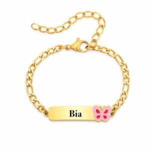 Pulseira Infantil Personalizada em Aço Inoxidável com Placa Gravada e Borboleta Decorativa