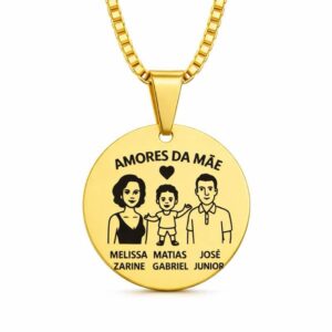 Colar Medalha Personalizada “Amores da Mãe” com Desenho Familiar em Aço Inoxidável