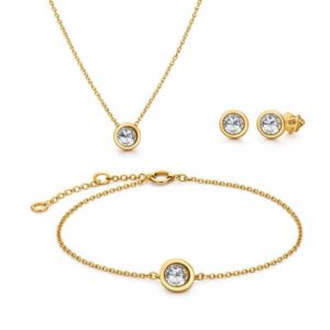 Conjunto Colar, Brincos e Pulseira Ponto de Luz em Aço Inoxidável com Zircônia